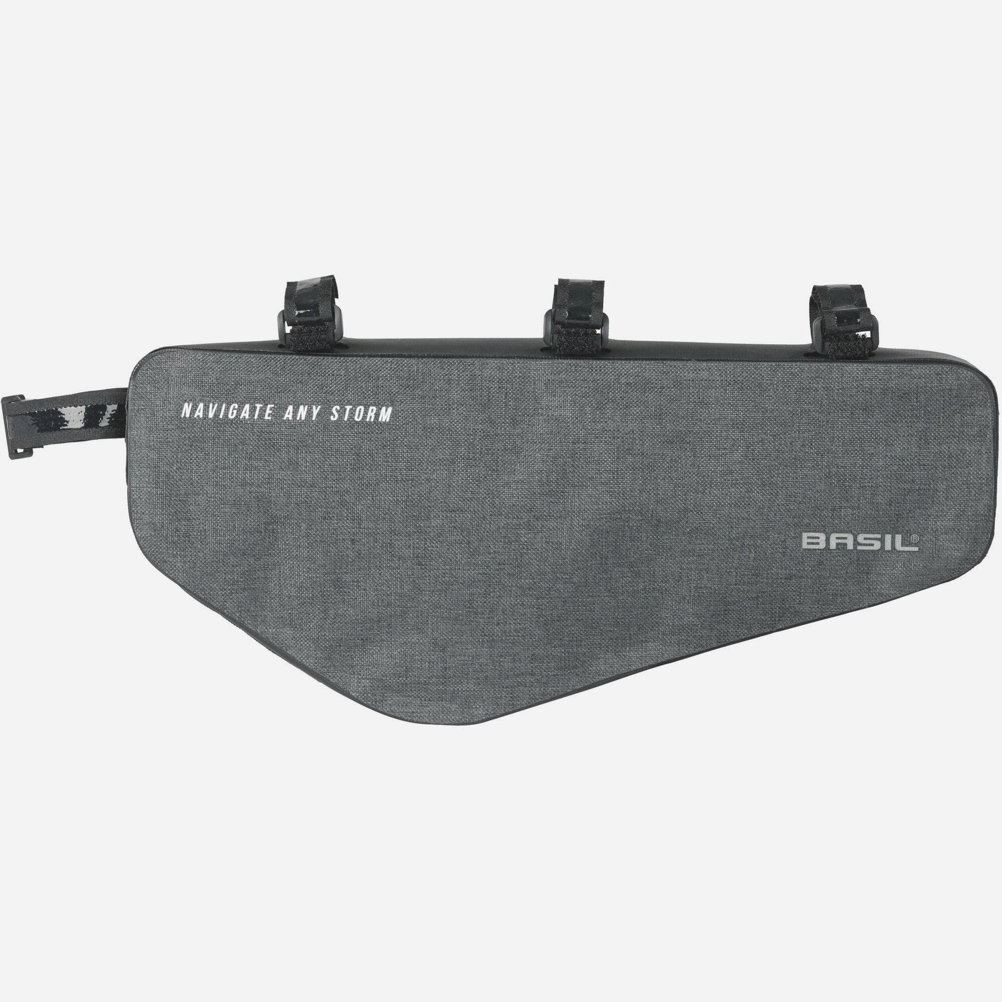 Basil Navigator Storm Frame Bag M, 2.2L waterproof black bike accessory with reflective logos mounted on a bicycle frame