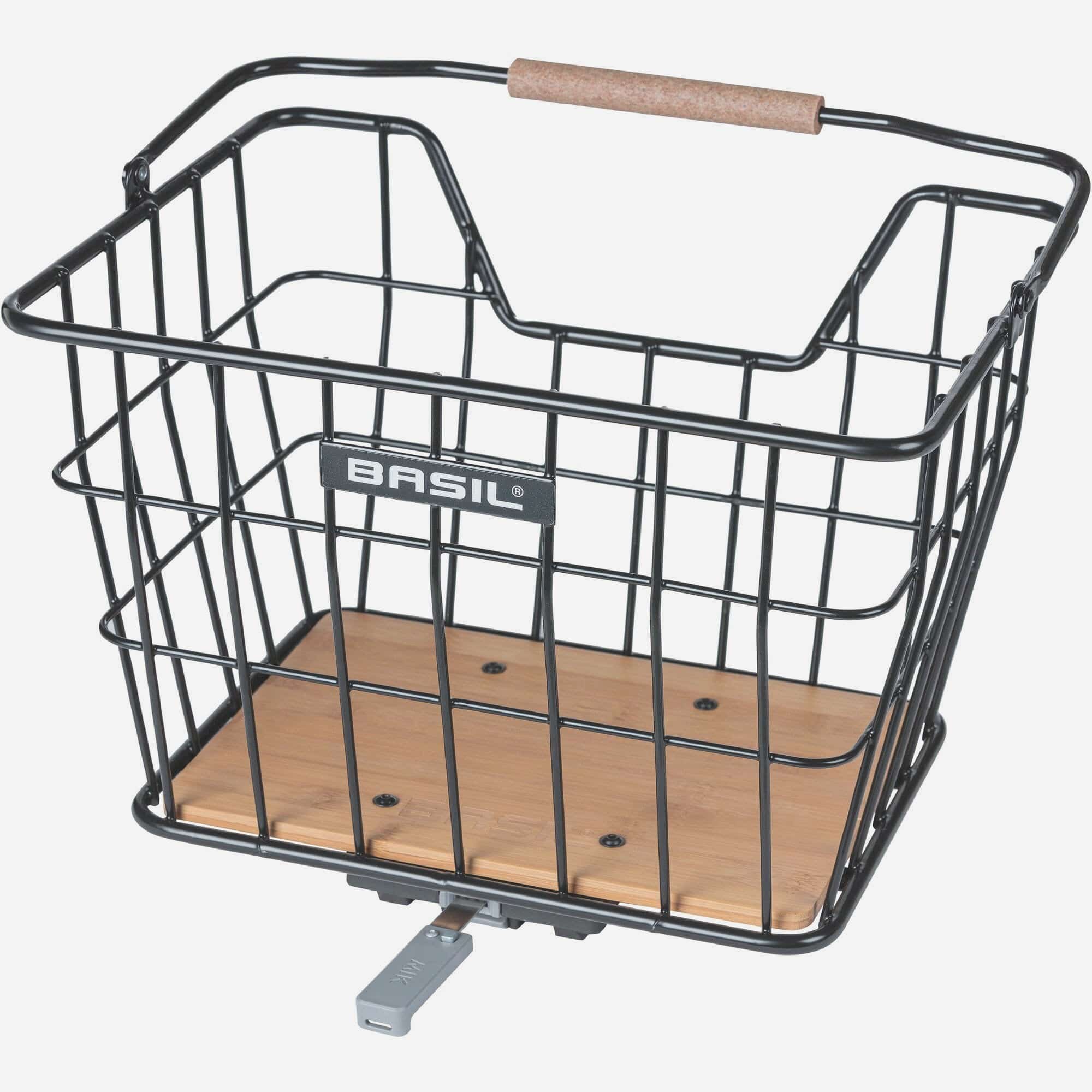 Black and natural brown Basil Norland MIK 23L bicycle basket, front and rear carrier compatible, shown attached to bike.