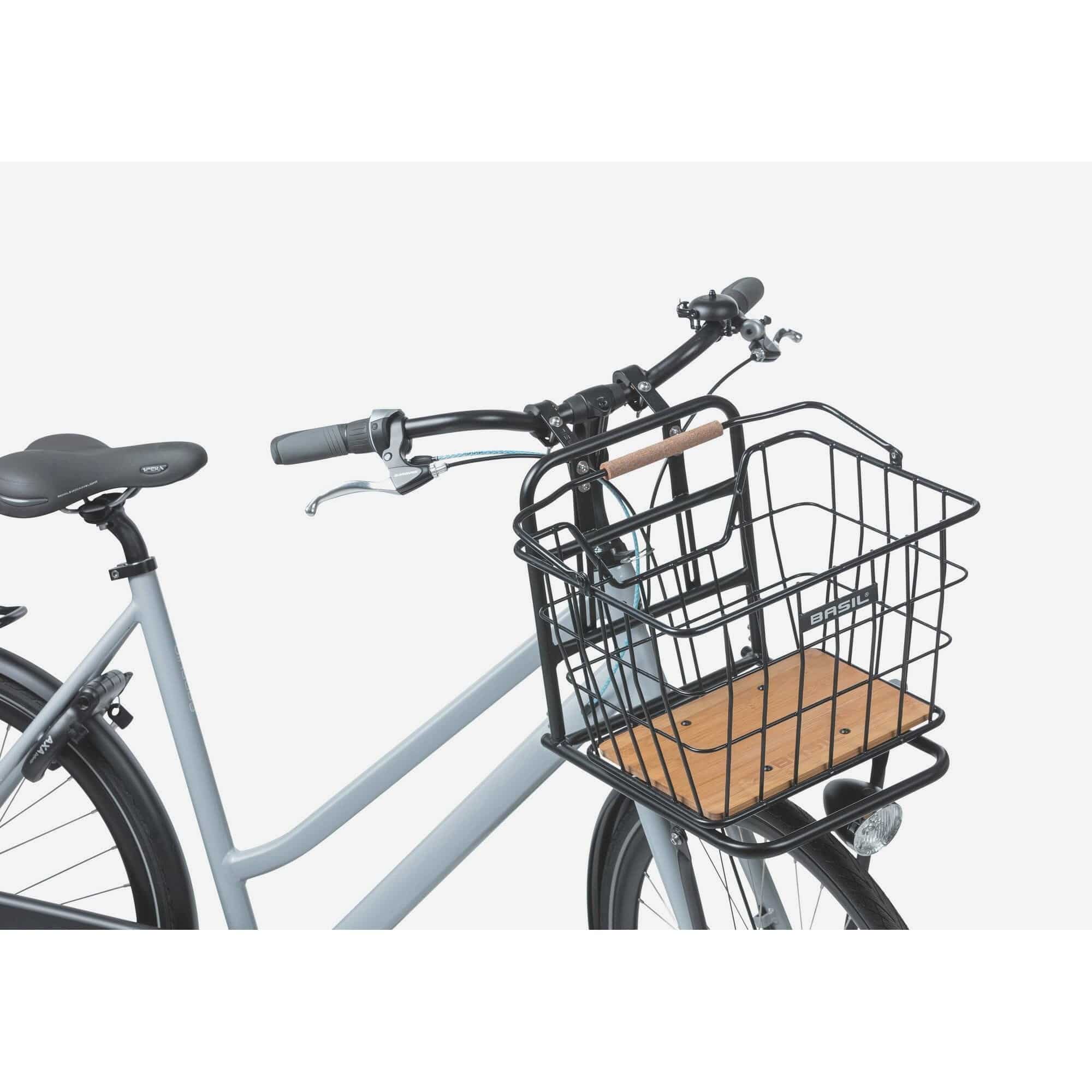 Basil Norland MIK 23L bicycle basket in black and natural brown for front or rear carrier, durable accessories for bikes.