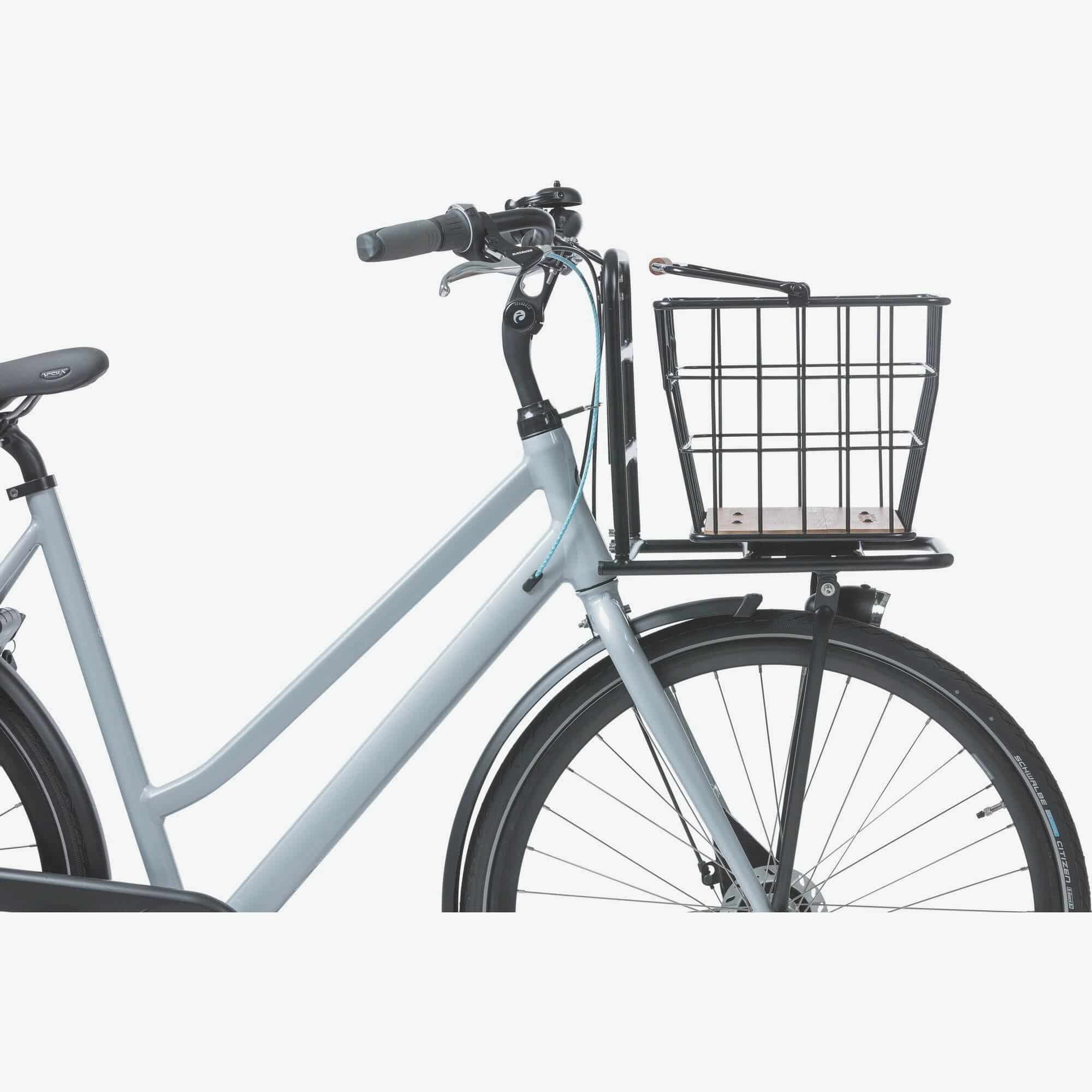 Basil Norland MIK 23L bicycle basket in black and natural brown, front and rear carrier compatible, outdoor cycling accessory