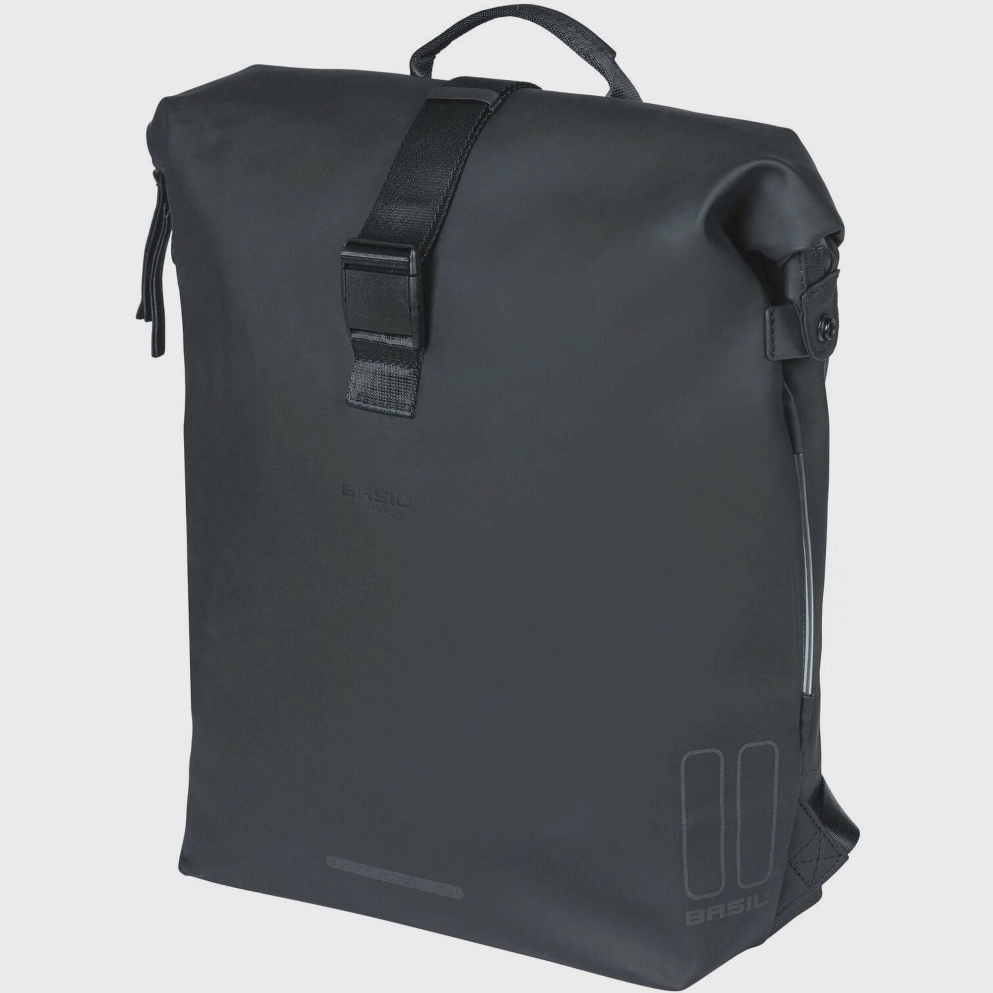 Basil SoHo Nordlicht 17L bicycle backpack in night black with integrated LED light, showing adjustable straps and reflective details.