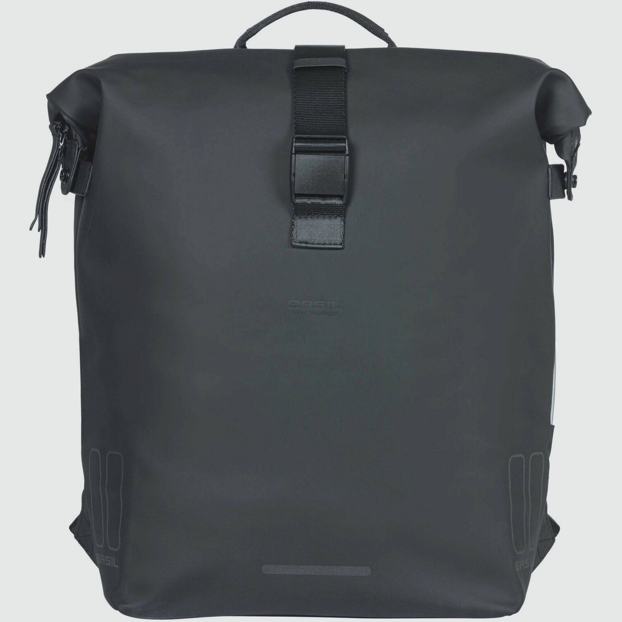 Basil SoHo Nordlicht 17L bicycle backpack in Night Black with integrated LED light, showing adjustable straps and reflective details.