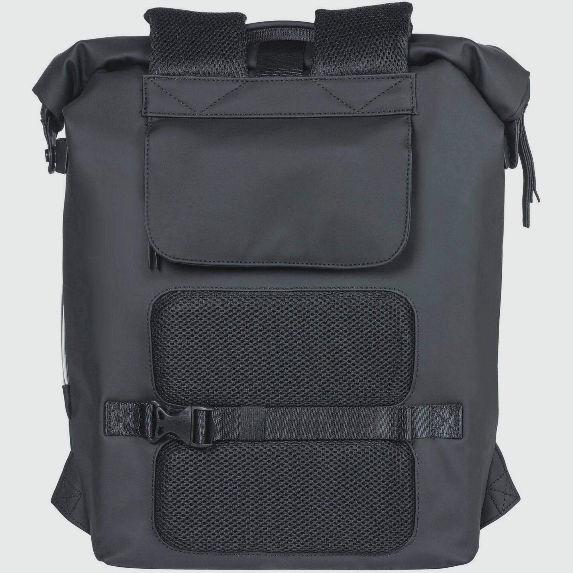 Basil SoHo Nordlicht 17L bicycle backpack in night black with integrated LED light, designed for cycling accessories.