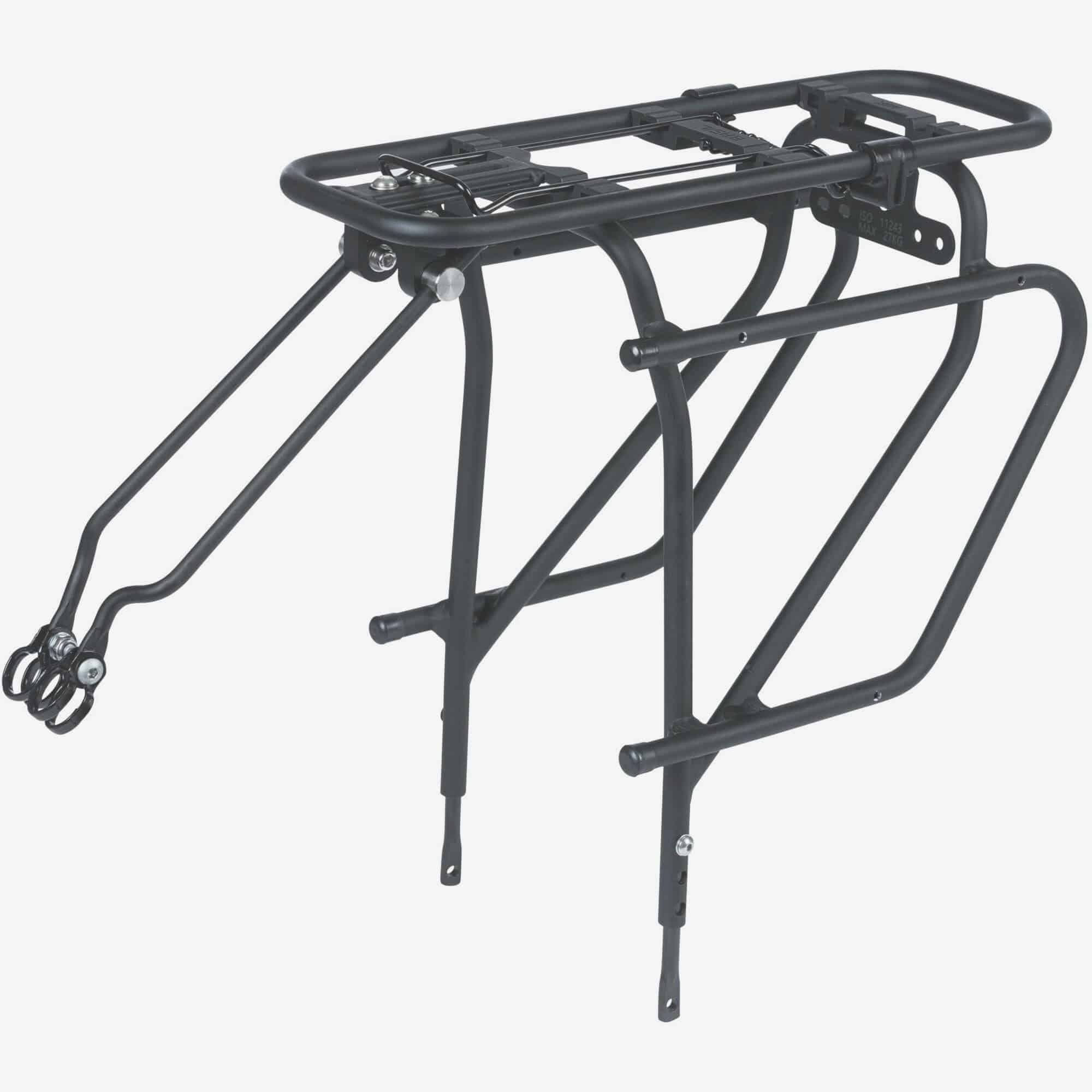 Basil Universal Cargo Carrier MIK STUDS in matte black attached to a 26-29 inch bike, showcasing bike rack accessories.