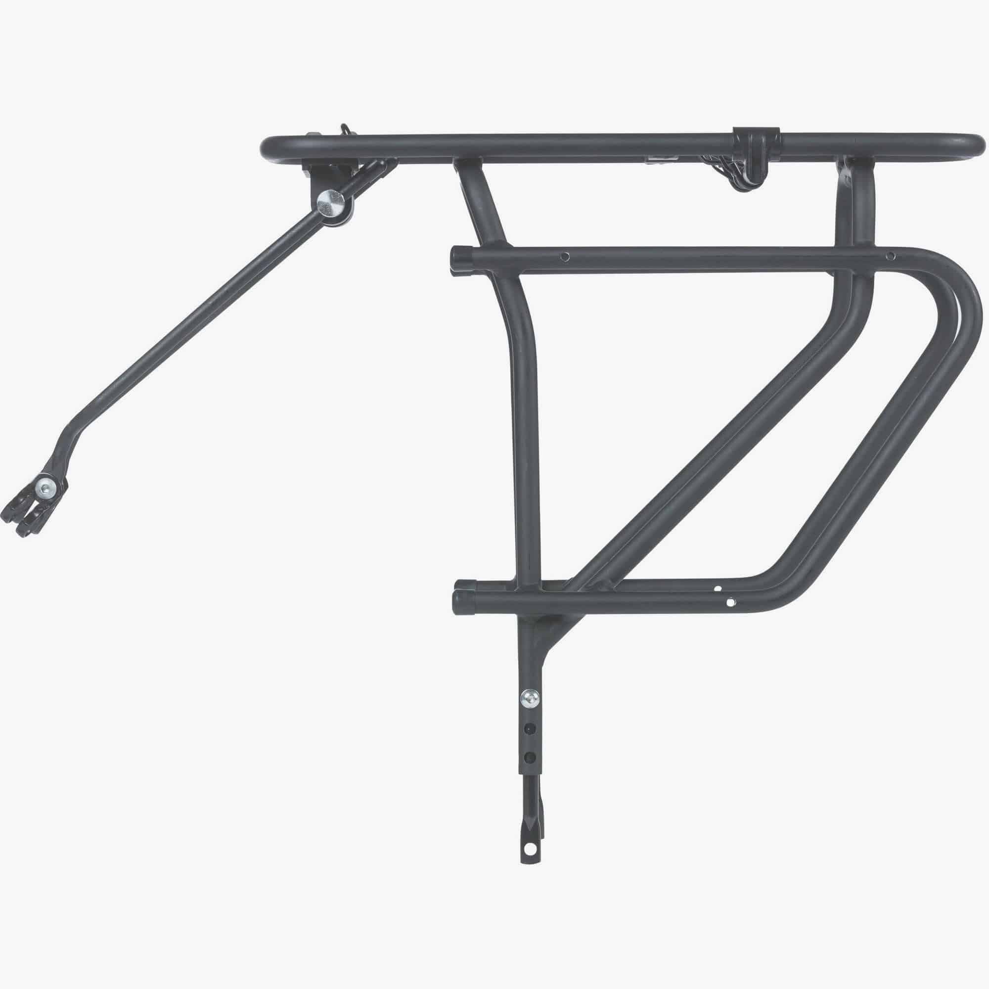 Basil Universal Cargo Carrier MIK STUDS matte black bike rack mounted on a 26-29 inch bike, showing its sturdy design and mounting system.
