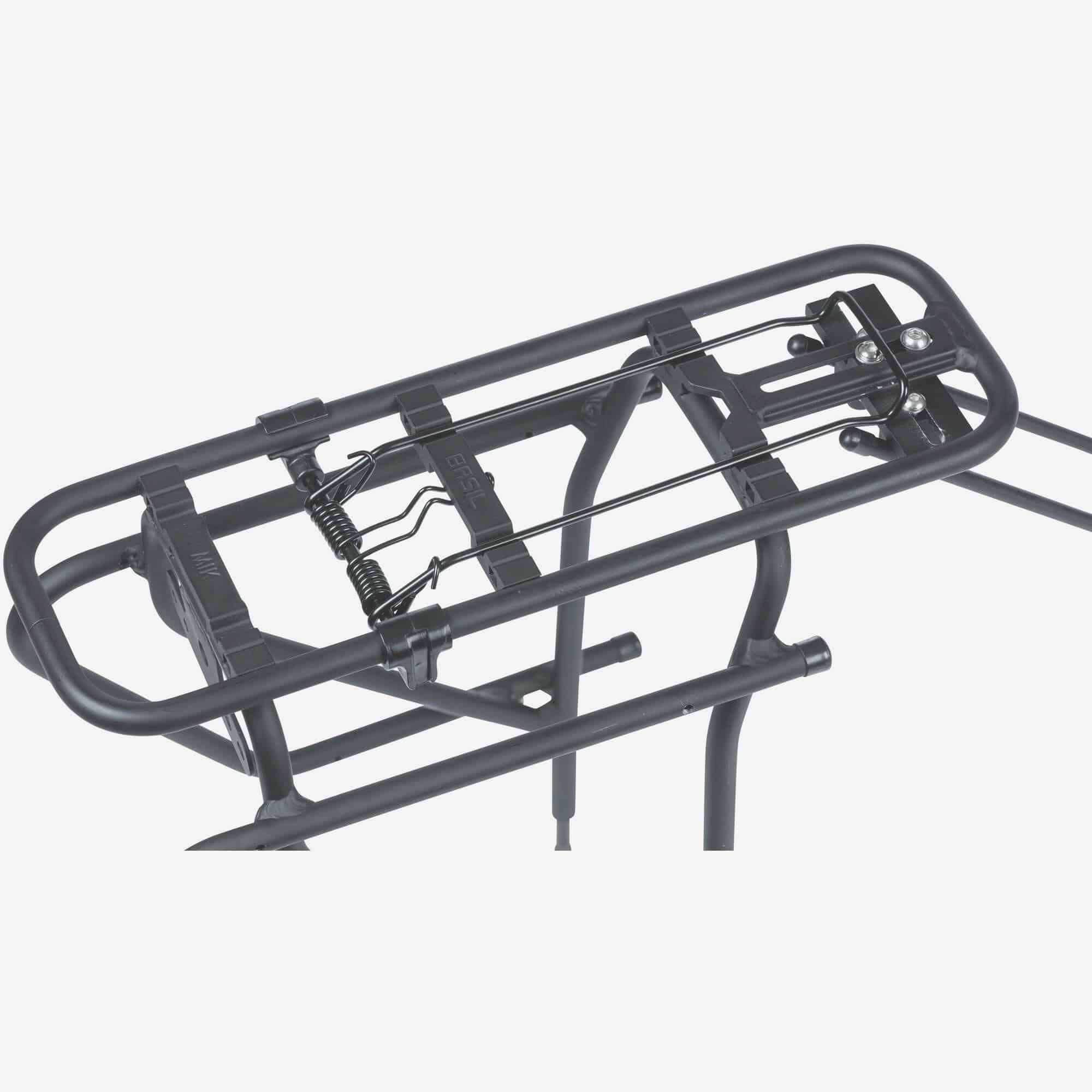Basil Universal Cargo Carrier MIK STUDS in matte black attached to a 26-29 inch bike, designed for bike rack accessories.