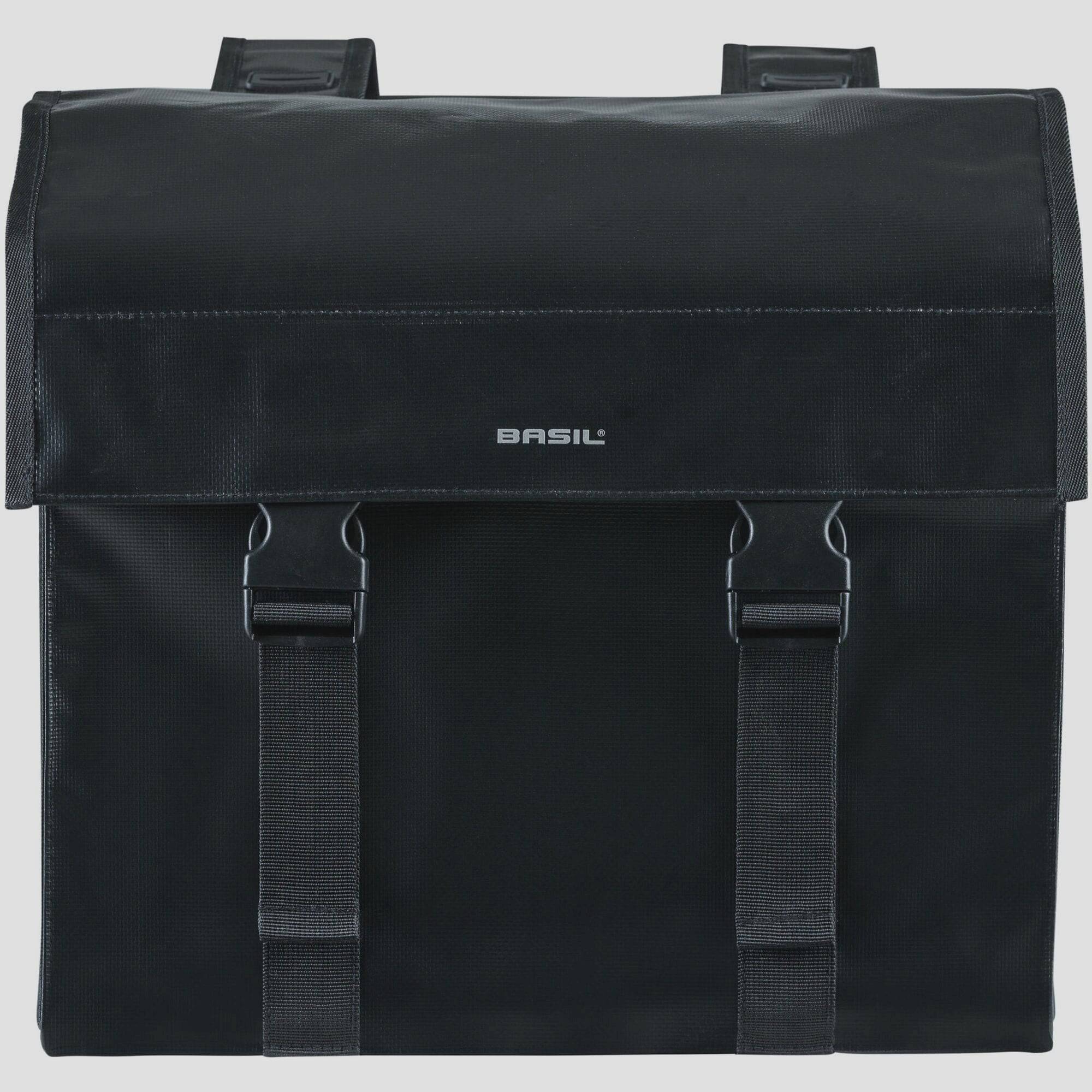 Black Basil Urban Load double bike bag with reflective details, 48-53L capacity, designed for cycling accessories and storage.