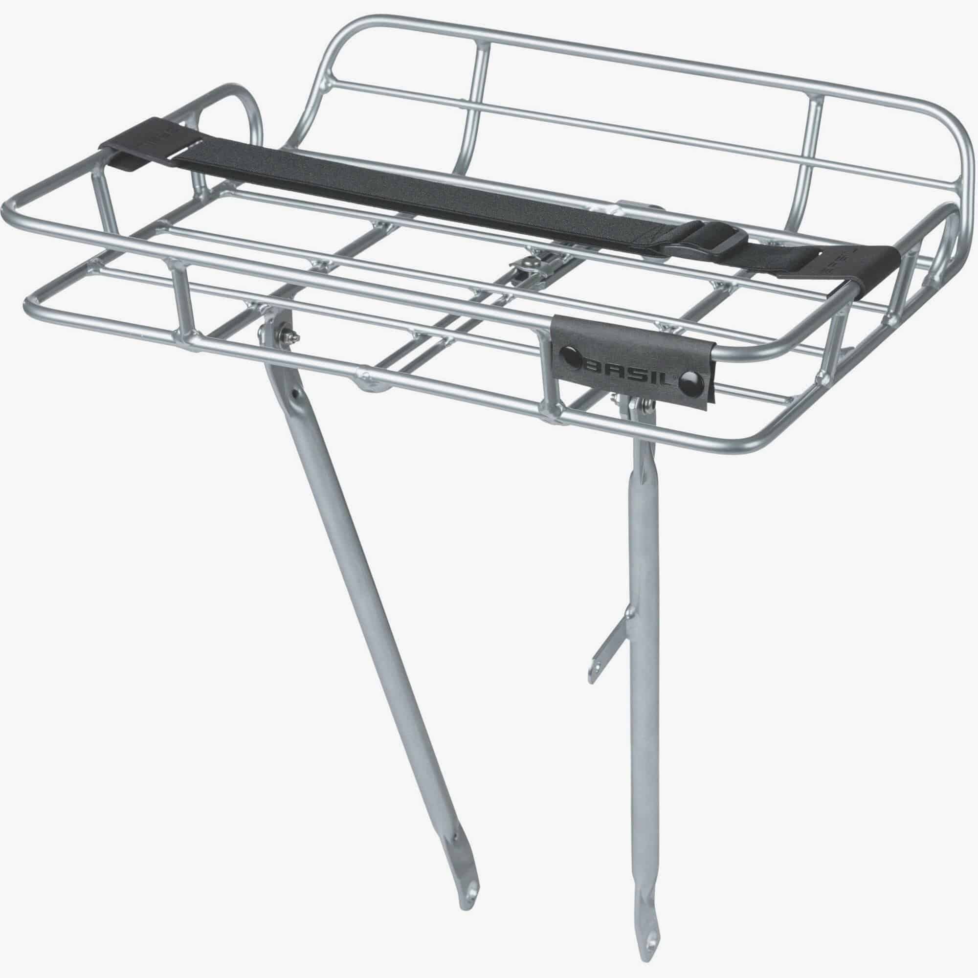 Basil Portland aluminium front bike carrier with lamp mount for 26 and 28-inch bikes, accessories for cycling convenience.