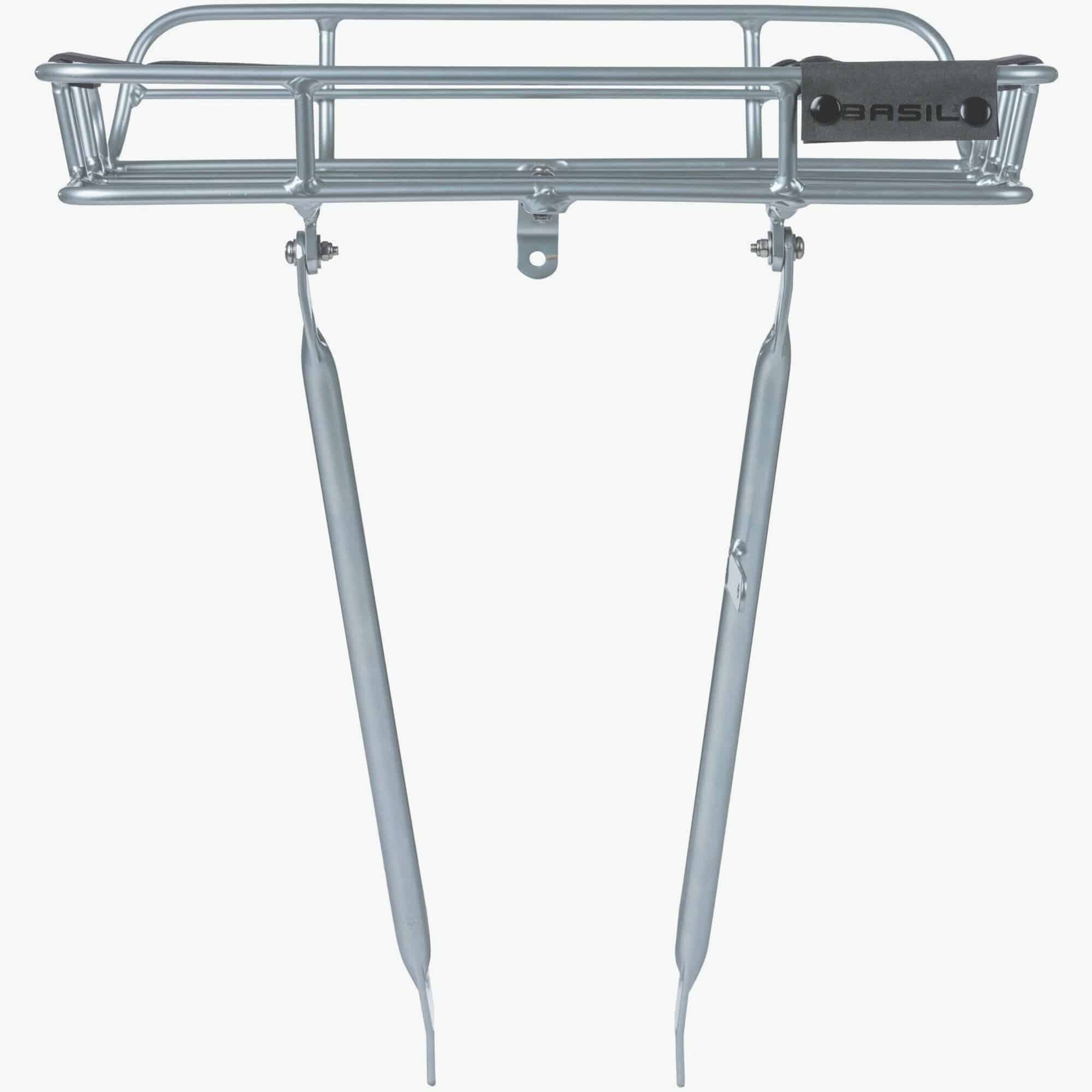 Basil Portland aluminium front bike carrier with lamp mount for 26 and 28-inch bikes, accessory for cycling convenience.