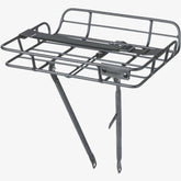 Basil Portland front bike carrier in matte black attached to vintage-style bike with 26-28 inch wheels, accessory for bike racks.