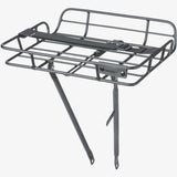 Basil Portland front bike carrier in matte black attached to vintage-style bike with 26-28 inch wheels, accessory for bike racks.