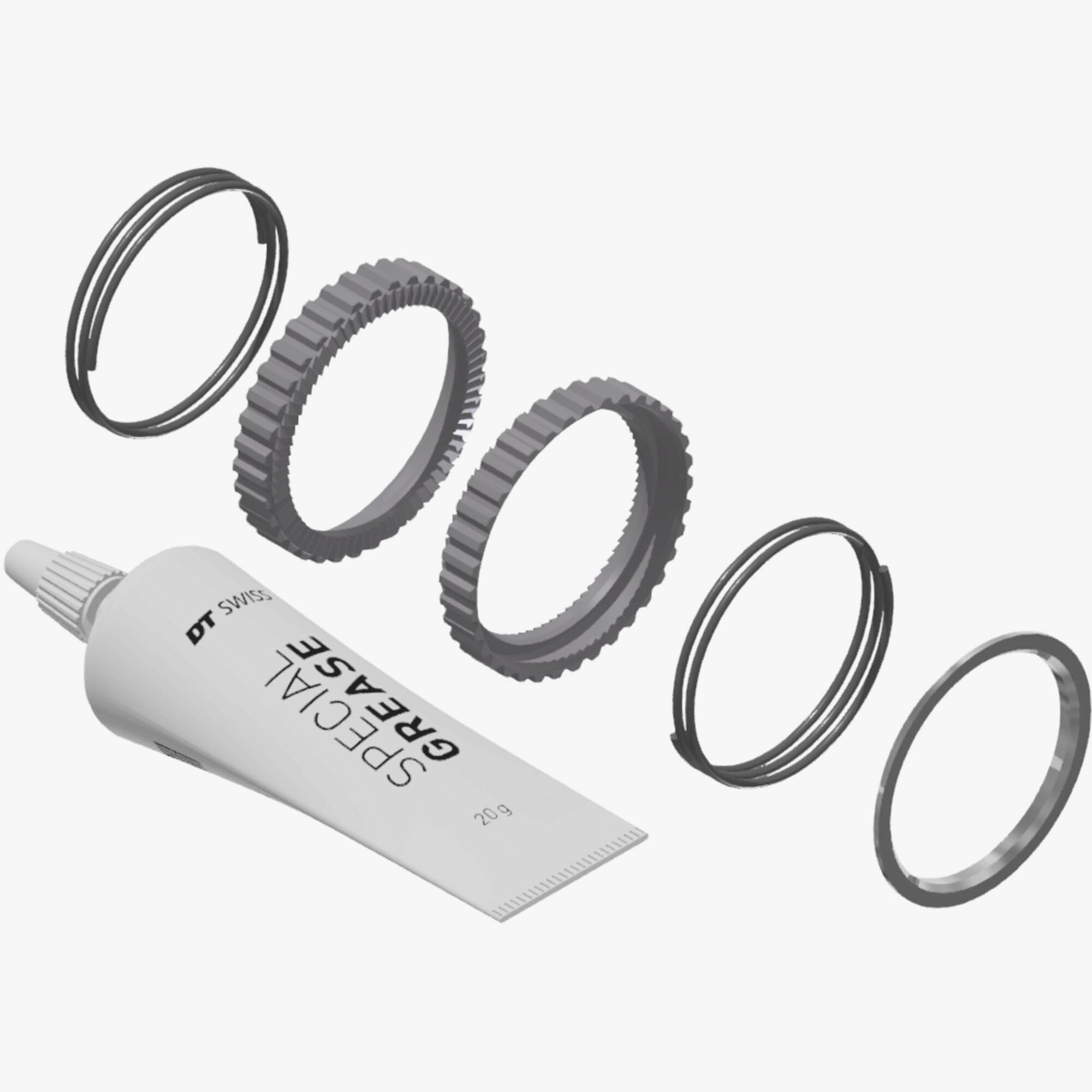 DT Swiss ratchet service and upgrade kit with 72 teeth and grease for DEG hubs, showcasing components and tools.