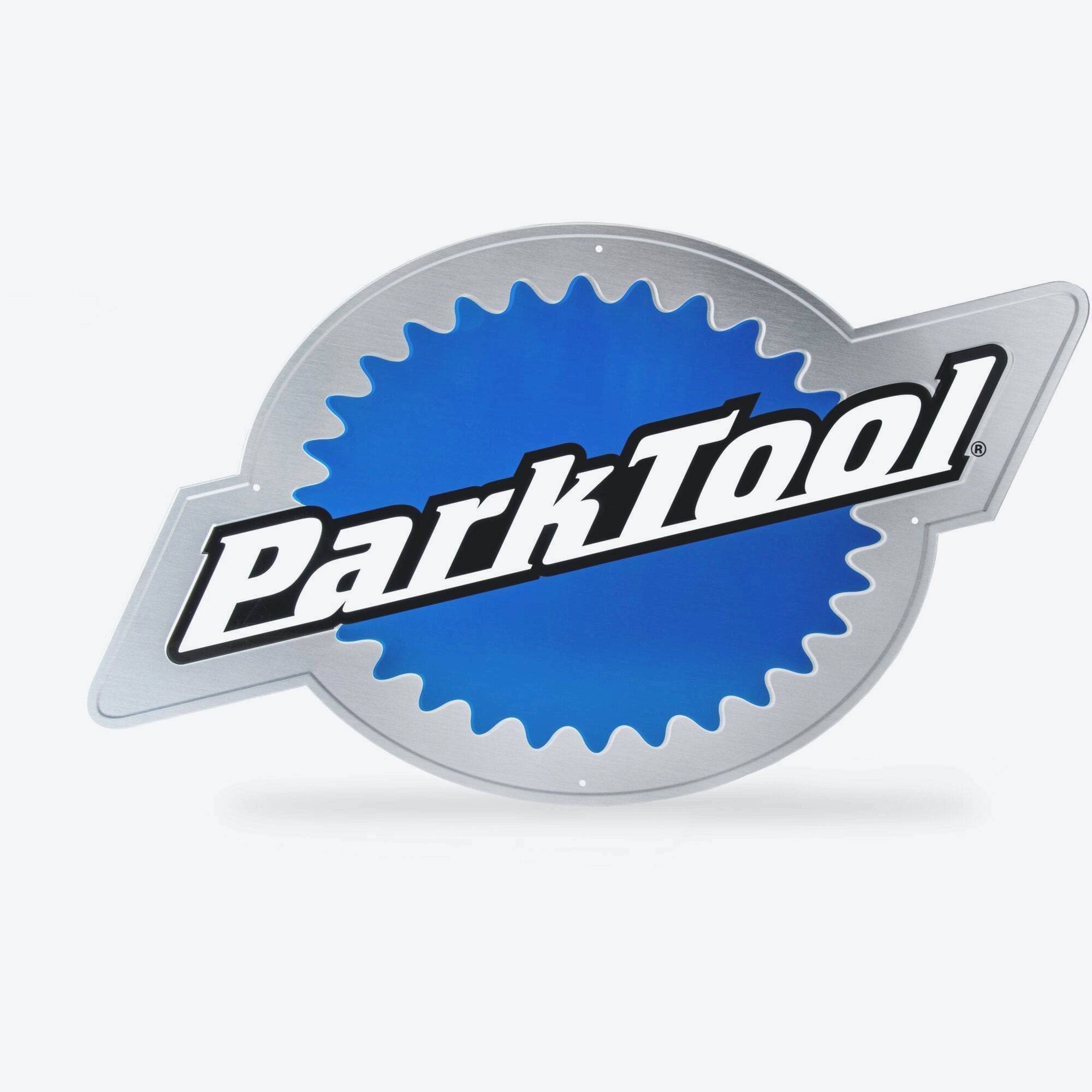 Park Tool MLS-3 metal logo sign, brushed aluminum bike workshop decor, 51x30cm, with Park Tool branding and logo design.