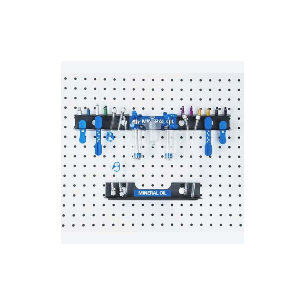Park Tool JH-4 wall-mounted bleed kit organizer for hydraulic brake accessories, workshop storage solution for bike maintenance.