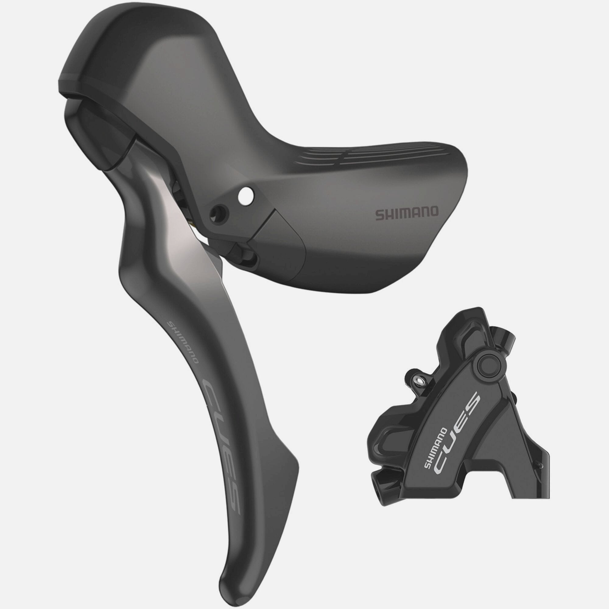 Shimano CUES hydraulic disc brake lever and caliper set for left rear bike brake, black components with branding details