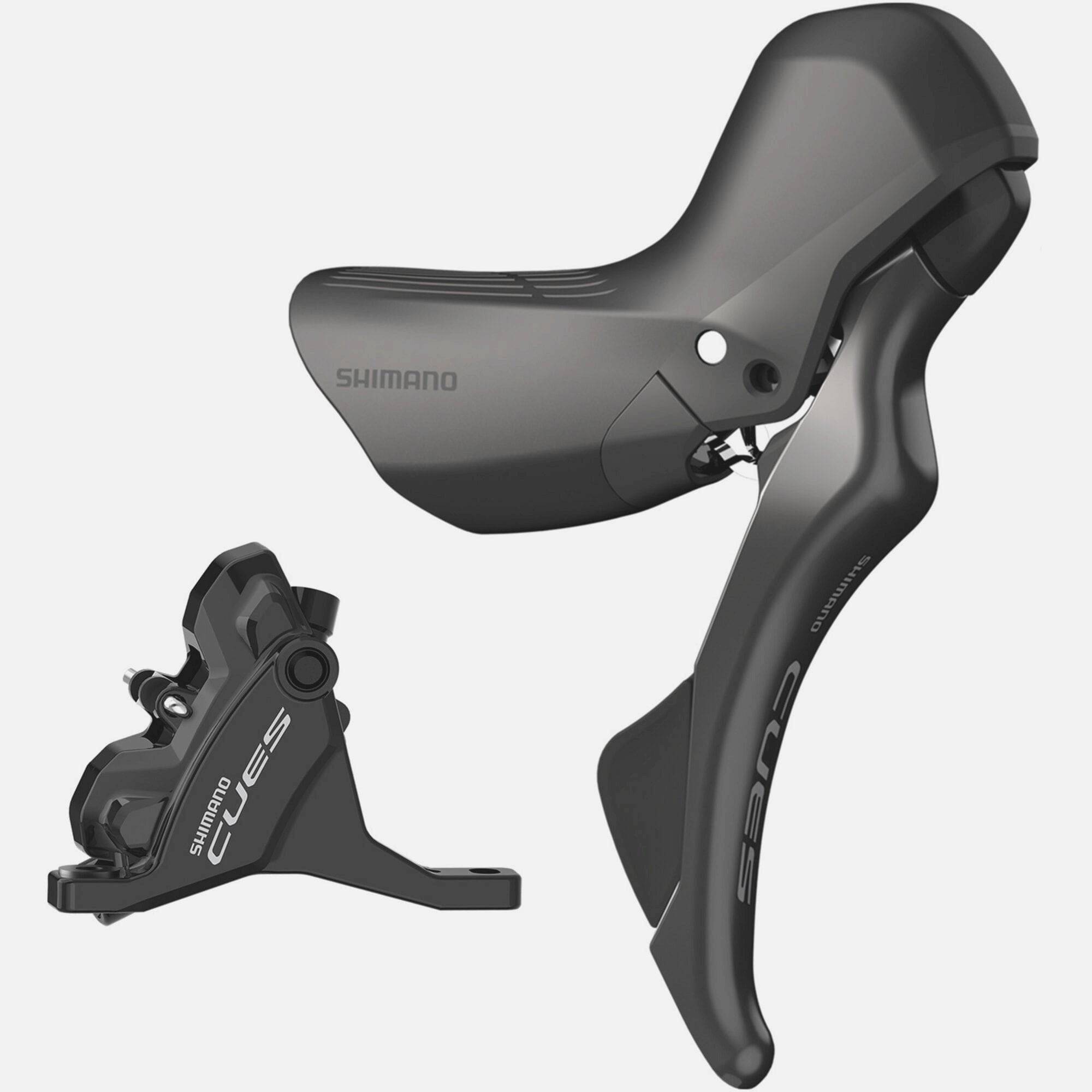 Shimano CUES hydraulic mechanical STI shifter and flat mount caliper set for front 160mm brake system.