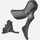 Shimano CUES hydraulic mechanical STI shifter and flat mount caliper set for front 160mm brake system.
