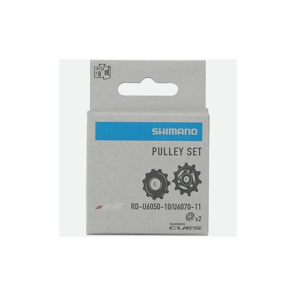 Shimano CUES RD-U6050 MTB rear derailleur tension and guide pulley set showing metal pulleys and mounting hardware.