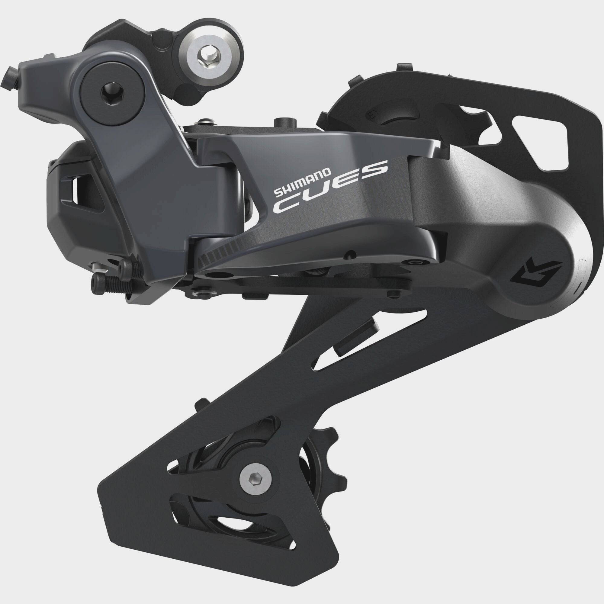 Shimano CUES RD-U8050 10-speed rear derailleur with medium cage, shadow finish, for MTB Di2 components, showing the derailleur from the side.