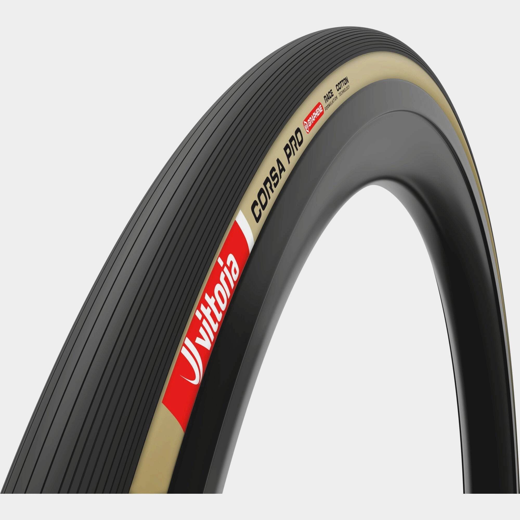Vittoria Corsa Pro 700x26c tubeless-ready clincher road bicycle tire in black with tan sidewalls, designed for performance.