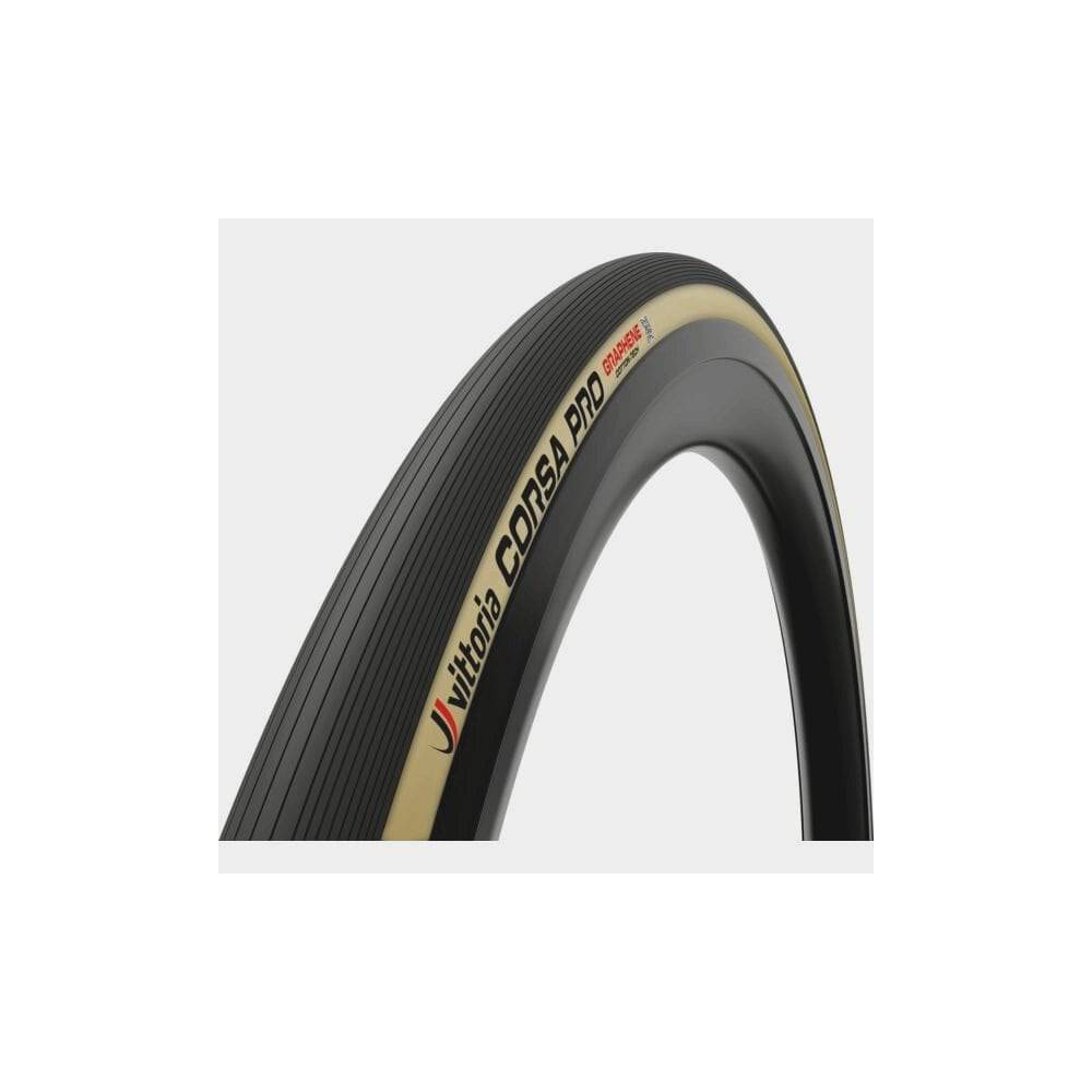 Vittoria Corsa Pro 700x29c tubeless ready black road tire with tan sidewalls mounted on a wide G2.0 rim, close-up view.