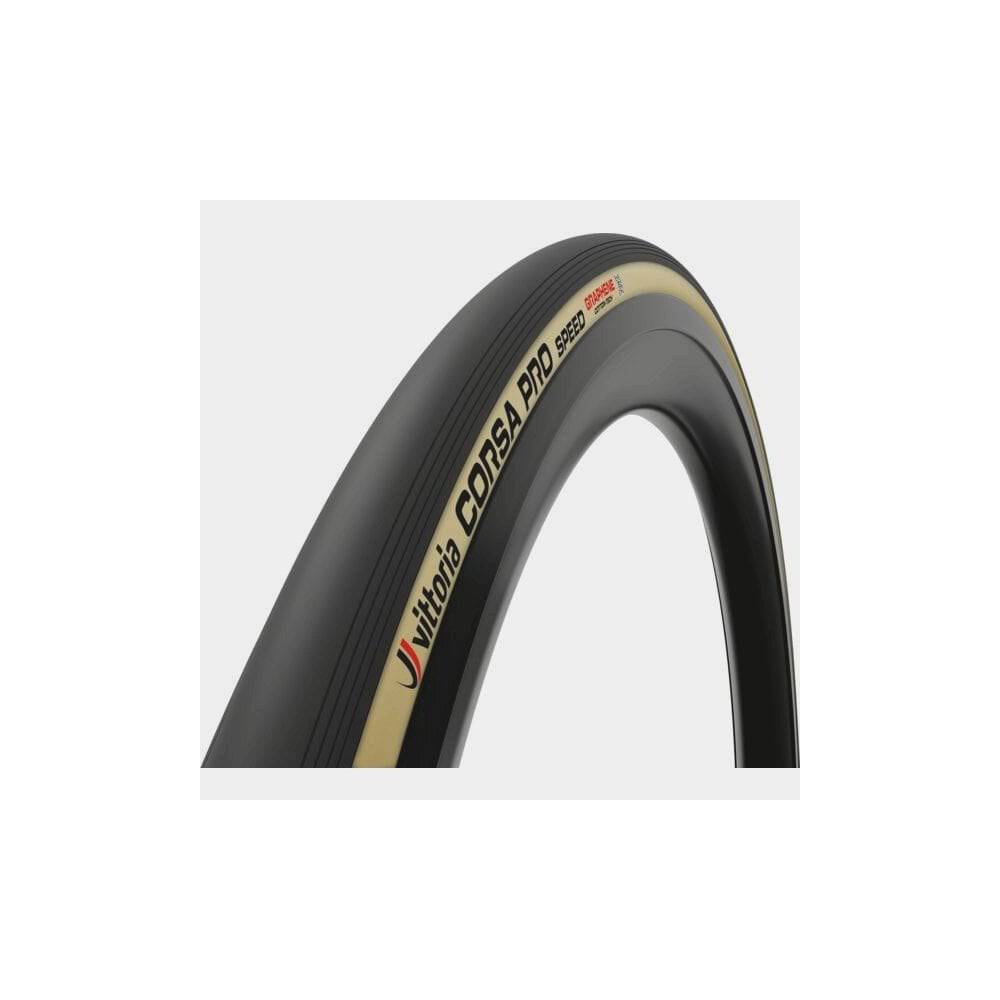 Black Vittoria Corsa Pro Speed 700x29c TLR tubeless ready wide rim G2.0 road bike tyre with tan sidewalls and detailed tread pattern.