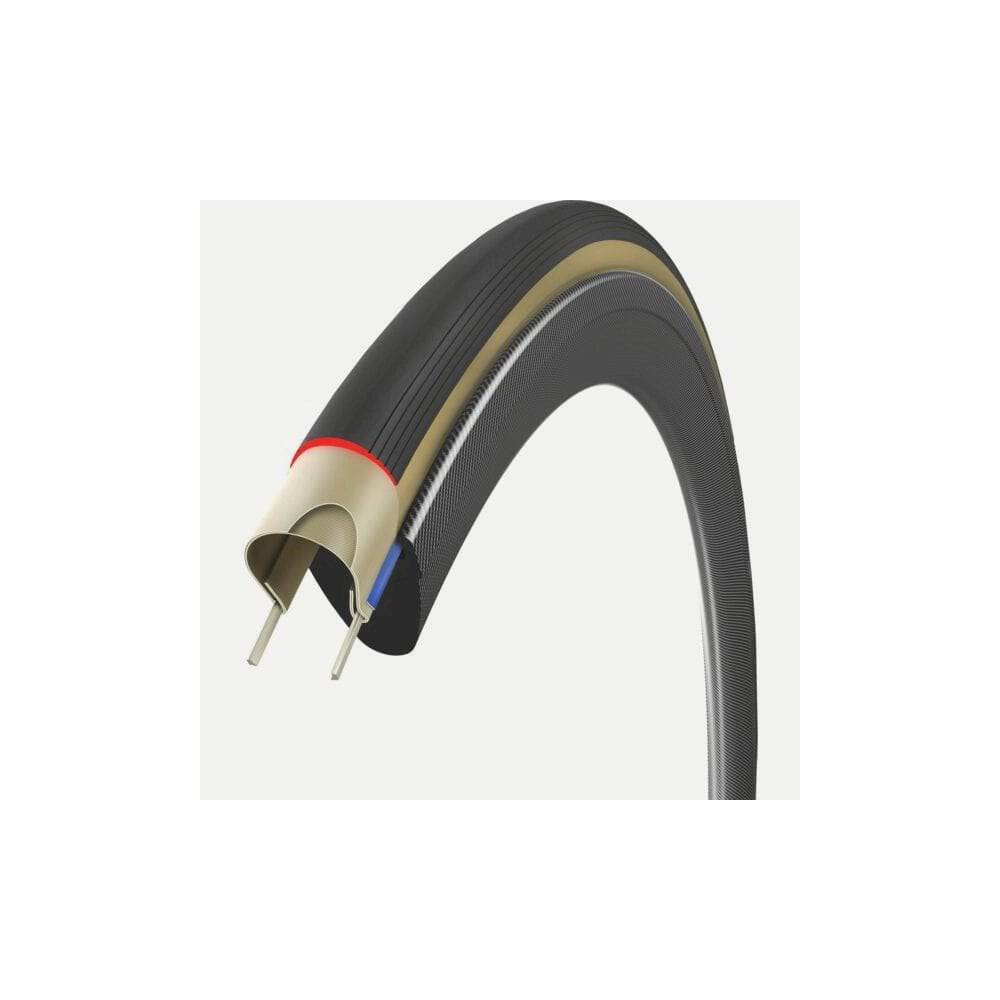 Vittoria Corsa Pro Speed 700x29c tubeless ready road bike tire in black with tan sidewalls, mounted on a wide rim.