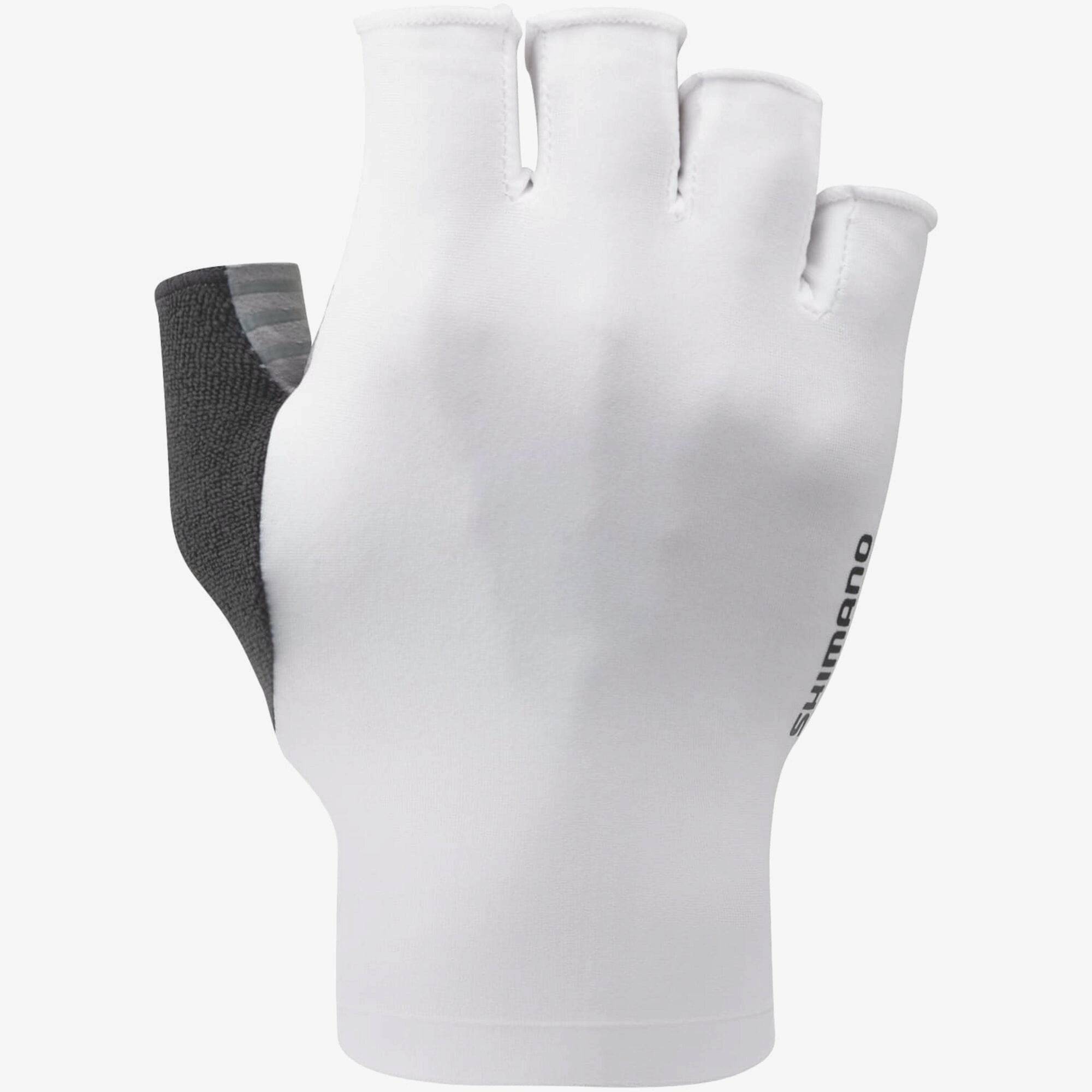 Shimano men's lightweight breathable cycling gloves showing padded palms and adjustable wrist straps.