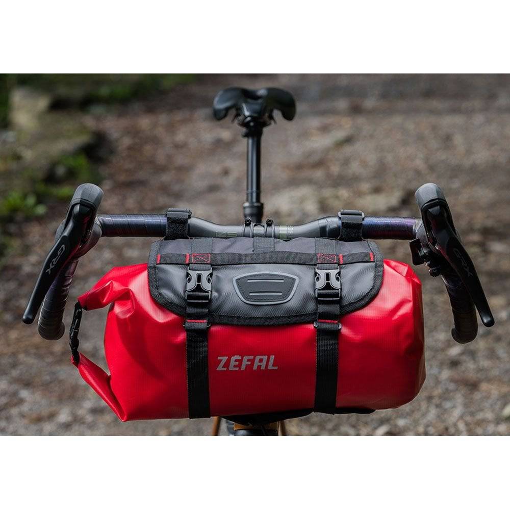 Zefal Z Adventure F10 waterproof bikepacking handlebar bag with 10L capacity mounted on a bicycle handlebar.