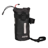 Zefal Bike Packing Z Adventure Pouch Bag mounted on a bike handlebar, 1L capacity, waterproof bike accessory for cycling adventures.