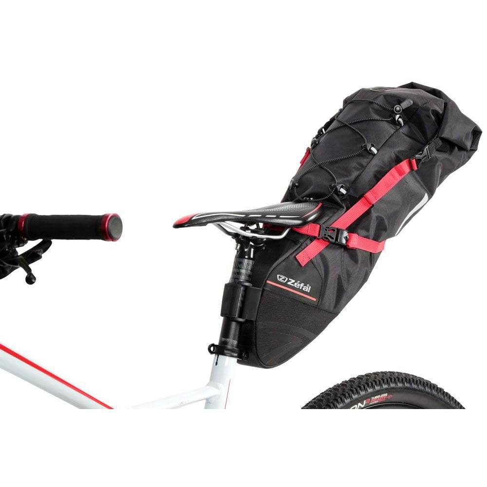 Zefal Z Adventure R17 bikepacking saddle bag mounted on bike, waterproof, adjustable 8-17L capacity, accessory for cycling gear.