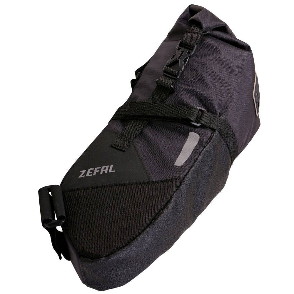 Zefal Z Adventure R5 5L waterproof bikepacking saddle bag attached to a bicycle seat for cycling storage and gear.