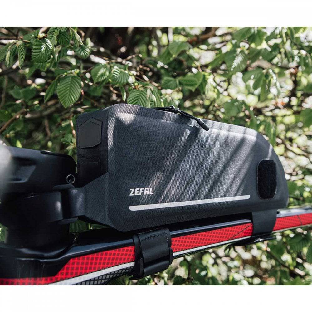 Zefal Z Adventure T1 top tube bike bag, water-resistant accessory mounted on bike frame for easy storage and access.