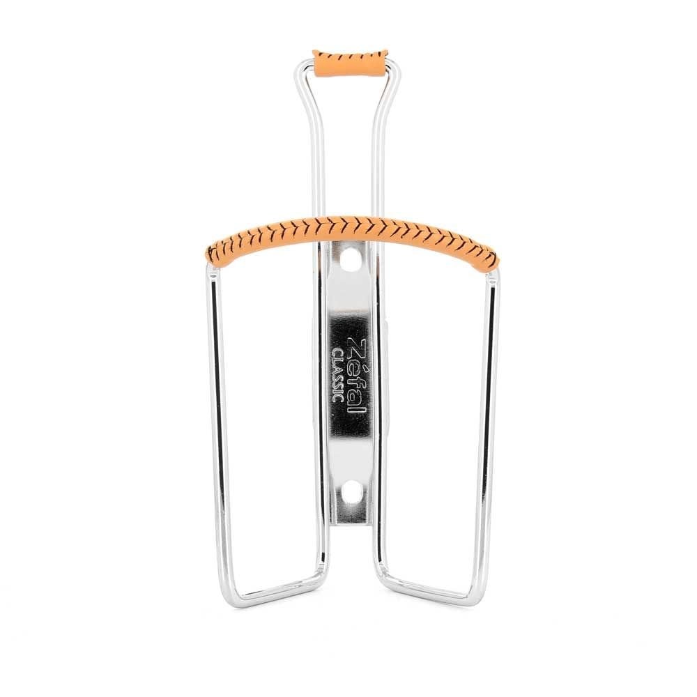 Zefal Vintage bottle cage with leather cover, classic bike accessory, lightweight metal frame, and stylish design for bike bottles.