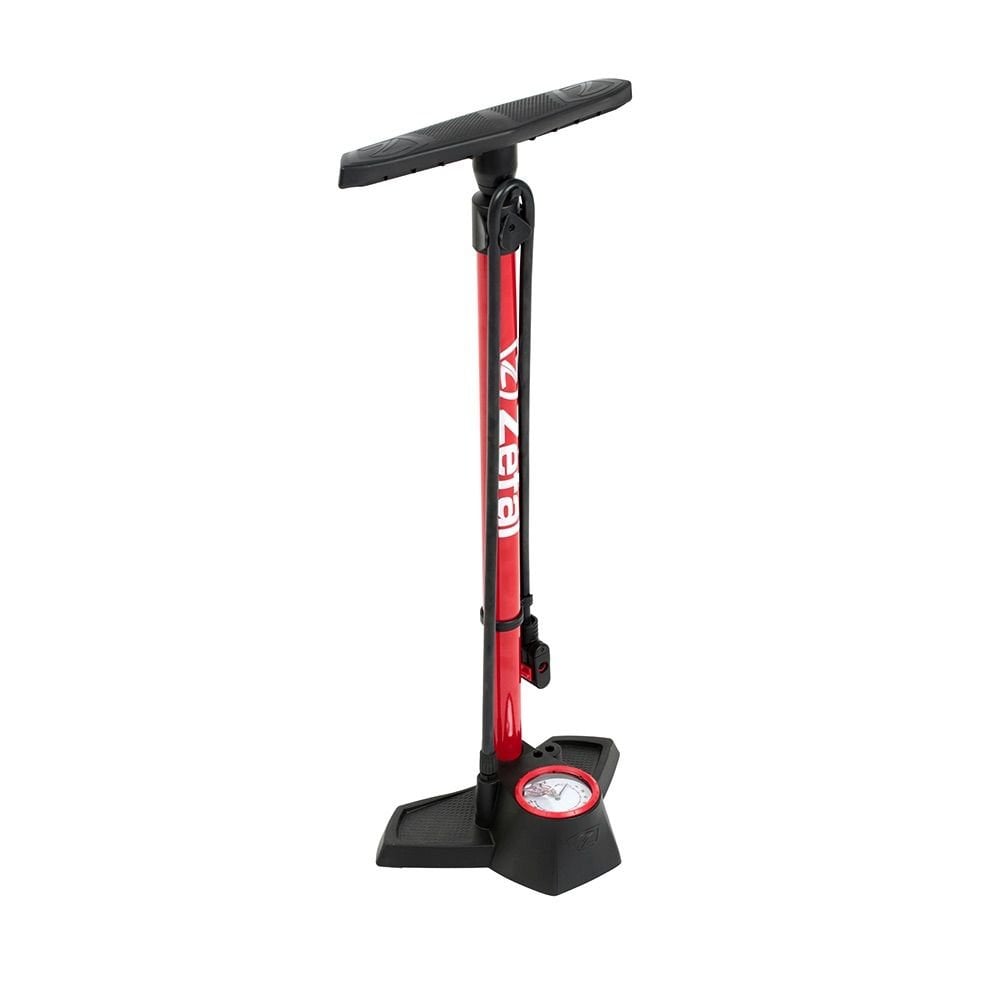 Zefal Profil Max FP30 floor pump with gauge, inflating bike tires with Presta, Schrader, and Dunlop valves.