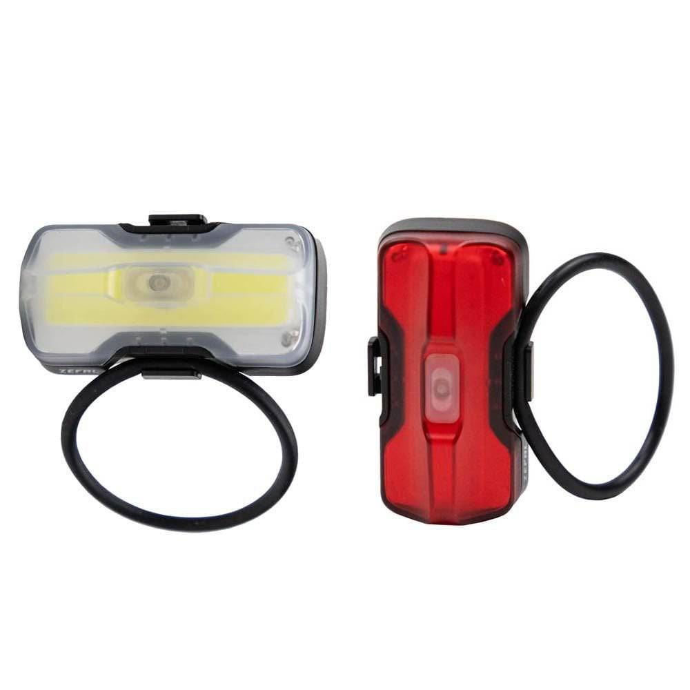 Zefal Vision F20 and R20 USB-C rechargeable bike light set with silicone mounts, showing front and rear lights on a bicycle.