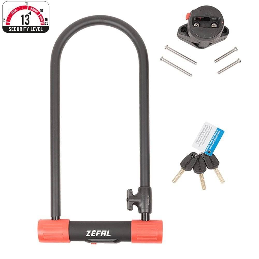 Zefal K-Traz U13 large U-lock with double locking system and mounting kit, showing the sturdy lock and mounting accessories.