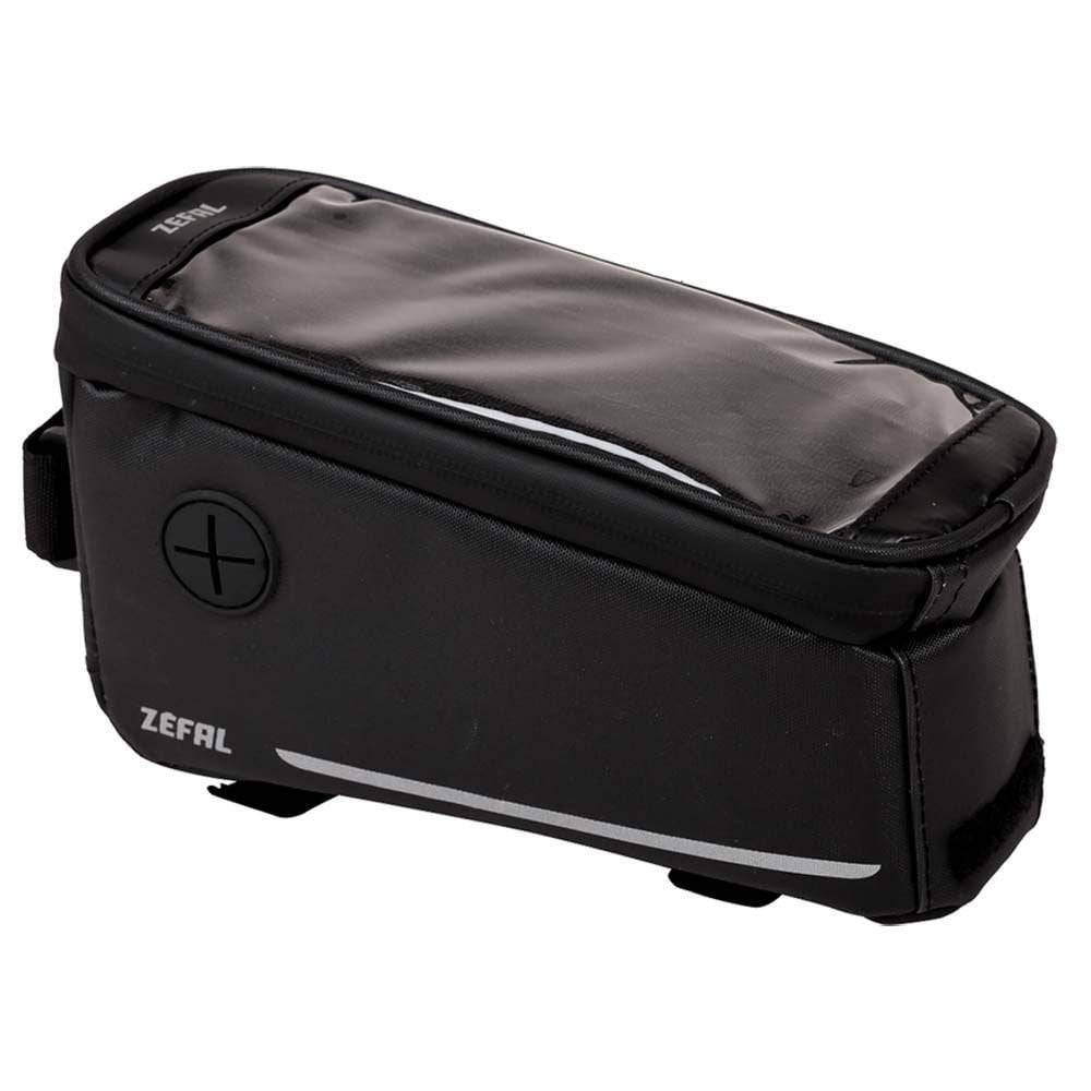 Zefal Console Pack T2 top-tube bike bag with smartphone compartment and rain cover, mounted on a bicycle frame.