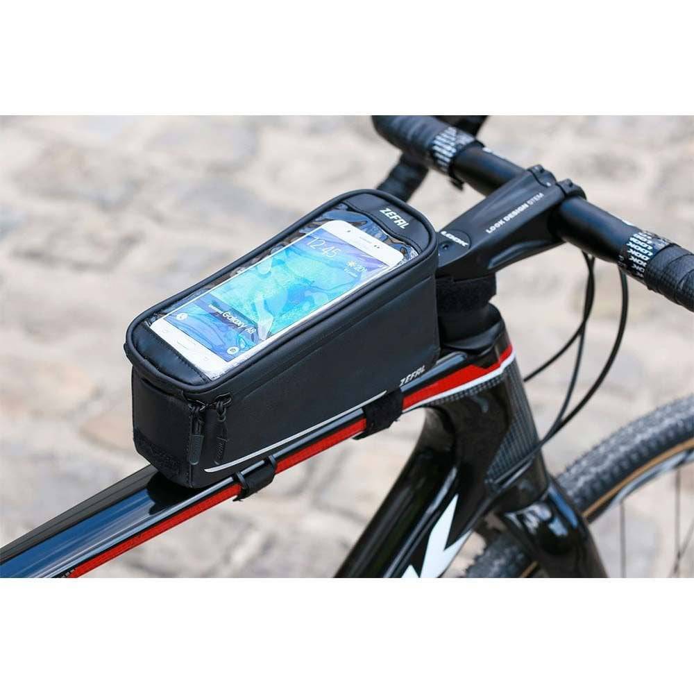 Zefal Console Pack T2 top-tube bike bag with smartphone compartment and rain cover, shown mounted on a bike frame.