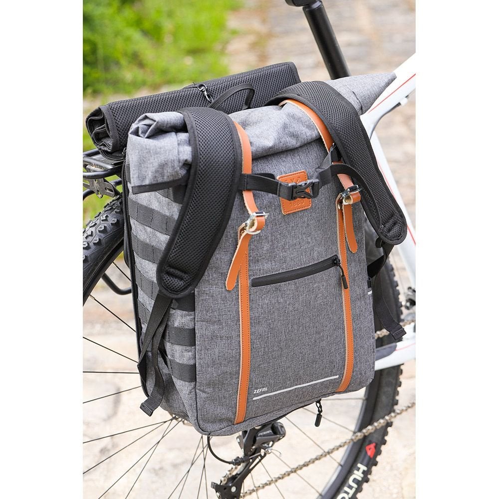 Zefal Urban backpack and pannier bag with 27L capacity, laptop compartment, and rain cover for cycling or commuting.