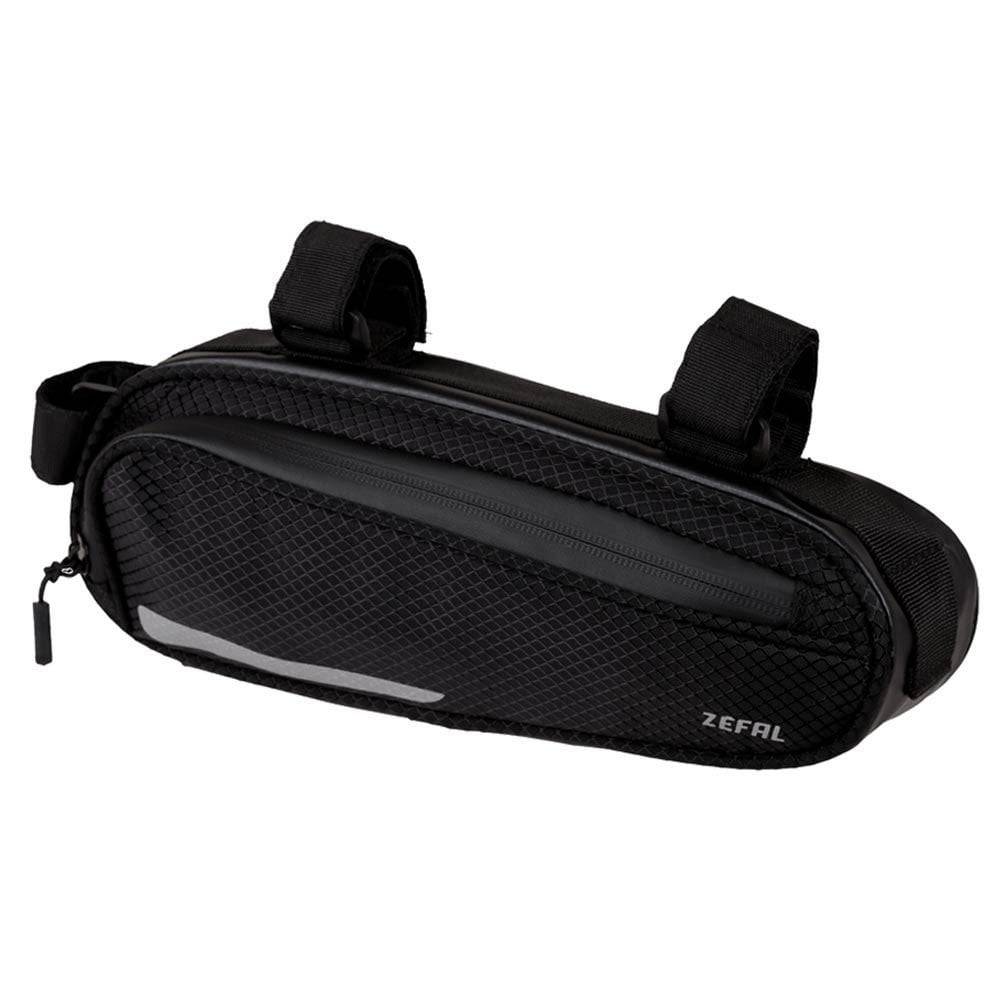Zefal Z Frame Pack bike bag with universal mount and reflective stripes, 1.3L capacity, shown attached to bicycle frame.
