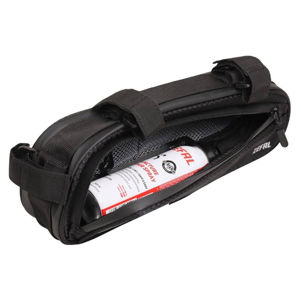 Zefal Z Frame Pack bike bag with universal mount, reflective stripes, 1.3L capacity, shown attached to bike frame.