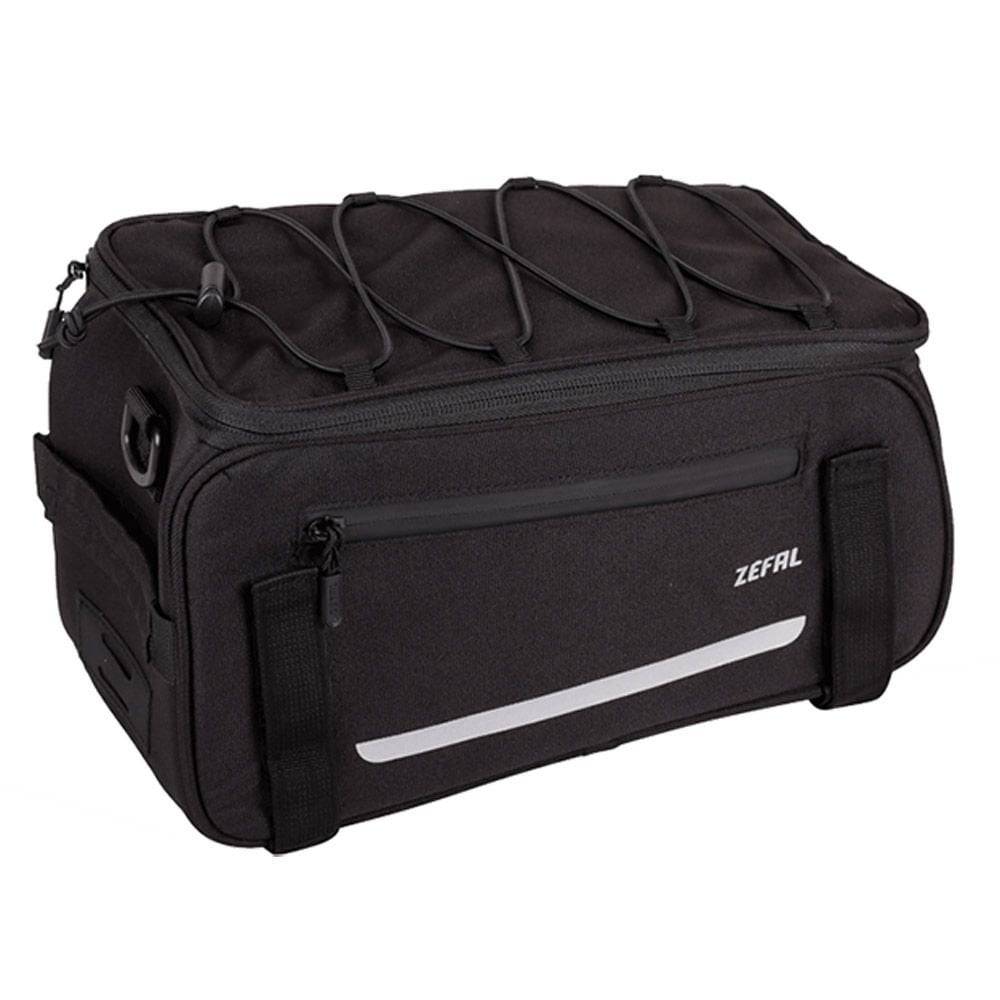 Zefal Z Traveller 40 bike rack bag with waterproof cover and reflective strips, attached to a bike for carrying accessories.
