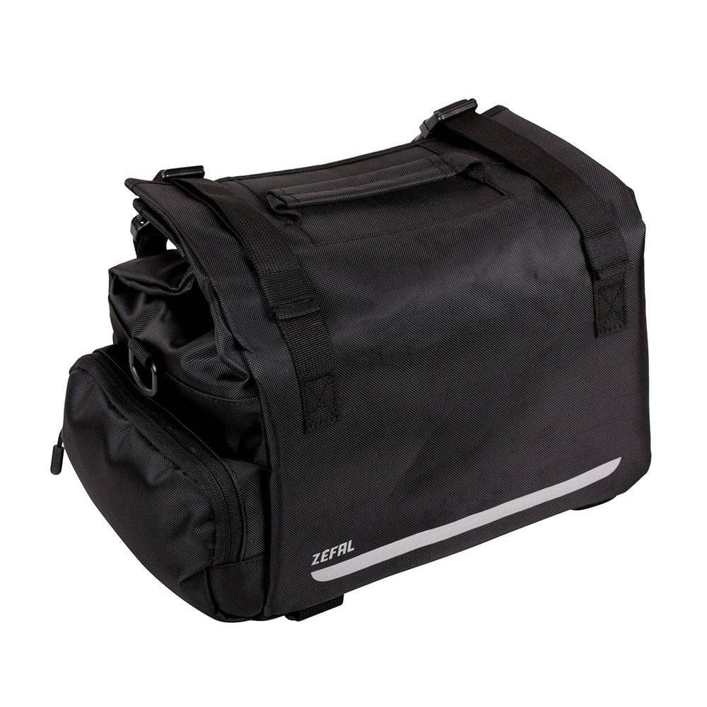 Zefal Z Traveller 60 expandable pannier rack bag with universal mounting system, shown attached to a bicycle rack.
