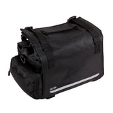 Zefal Z Traveller 60 expandable pannier rack bag with universal mounting system, shown attached to a bicycle rack.