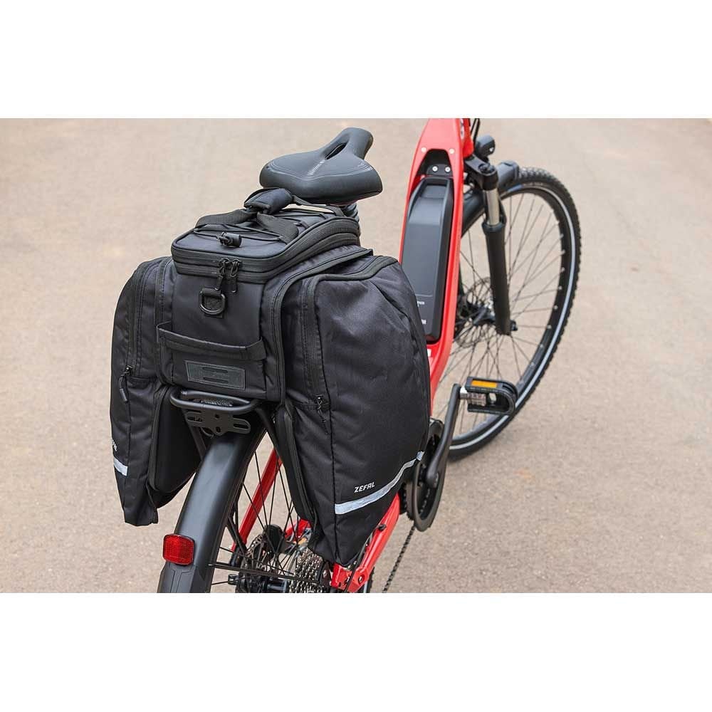 Zefal Z Traveller 80 bike rack bag with 32L water-resistant pannier, mounted on a bike for cycling accessories storage.