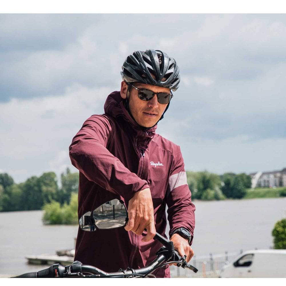 Zefal Espion E100 cargo bike mirror with dual mirrors, mounted on a longtail or cargo bike for enhanced rear visibility.