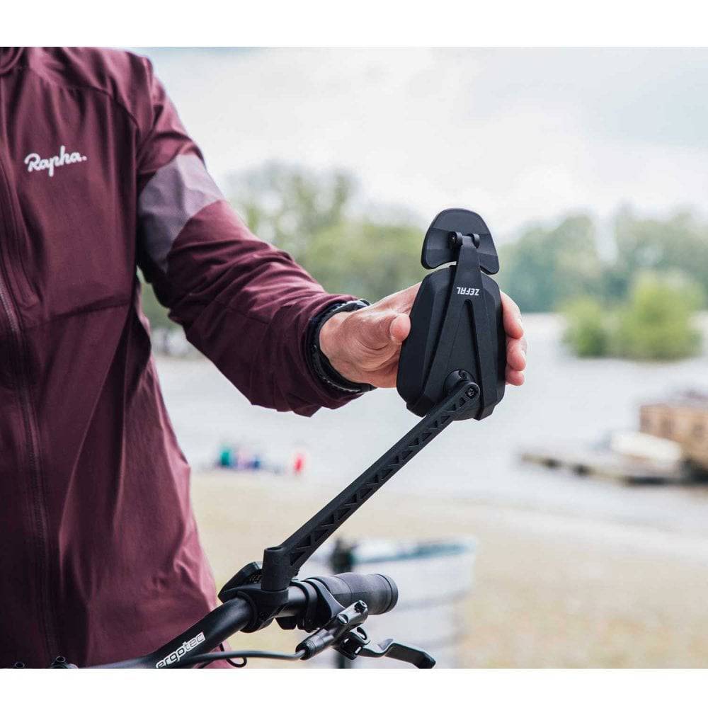 Zefal Espion E100 cargo bike mirror with dual mirrors for longtail and cargo bikes, mounted on bike handlebars.