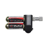 Zefal Ez Control CO2 hand pump with dual cartridge holder for bike tire inflation, compact bike accessories in black with silver fittings.
