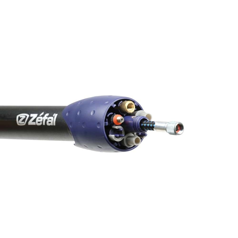 Zefal Max Blue/Black mini hand pump with flexible valve connection and accessories, compact bicycle tire inflator tool.